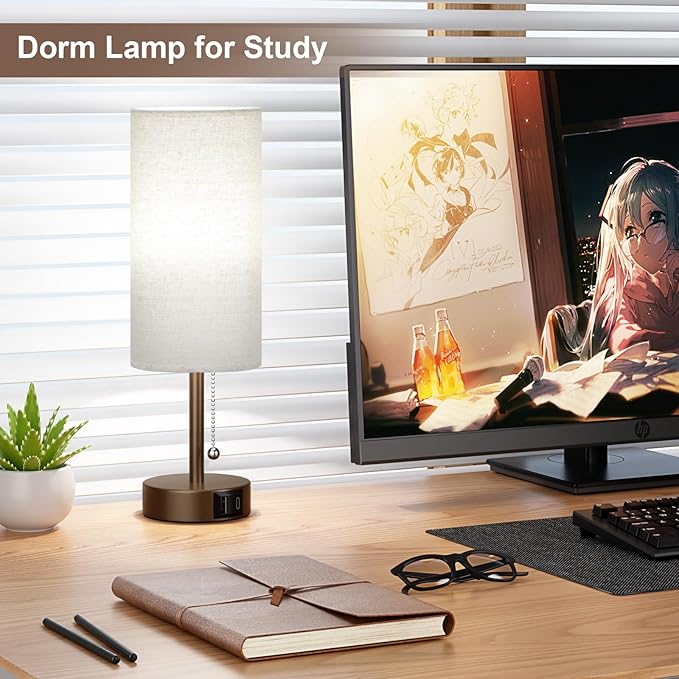 PartageiZ Brown Table Lamp for Bedroom Nightstand - Small Lamp with USB A + C Charging Port, 3 Color Temperatures Pull Chain Night Stand Light, Silver Base Desk Reading Lamp for Living Room