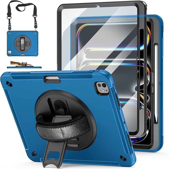 Case for iPad Pro 13 Inch M5 2025/ M4 2024: Military Grade Cover for iPad Pro 13" with Screen Protector - Stand - Handle - Shoulder Strap - Pencil Holder- Blue