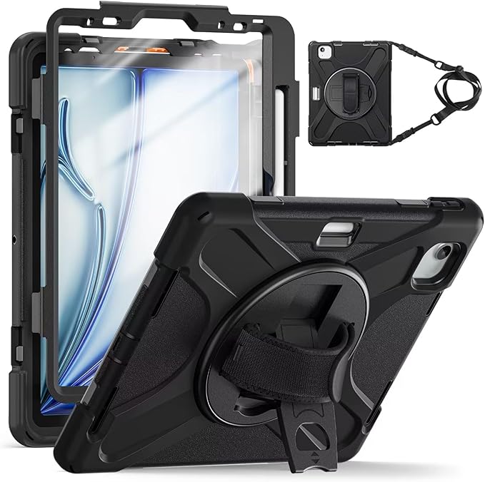TSQQST Case for iPad Air 11 Inch M4 2026/M3 2025/M2 2024, Cover for iPad Air 5th 4th Generation 10.9"/Pro 11 4th/3rd/2nd/1st Heavy Duty Shockproof Case with Screen Protector+Stand+Hand Strap, Black