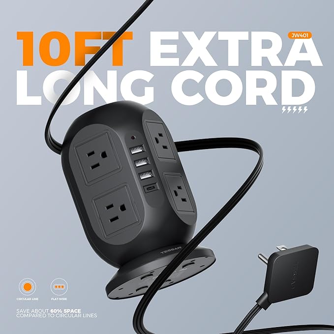 Tower Surge Protector Power Strip 10 ft, Long Flat Extension Cord with Multiple Outlets, 8 AC Outlets with 4 USB Ports (1 USB C), Charging Station with Surge Protection, for Home Office Dorm, Black