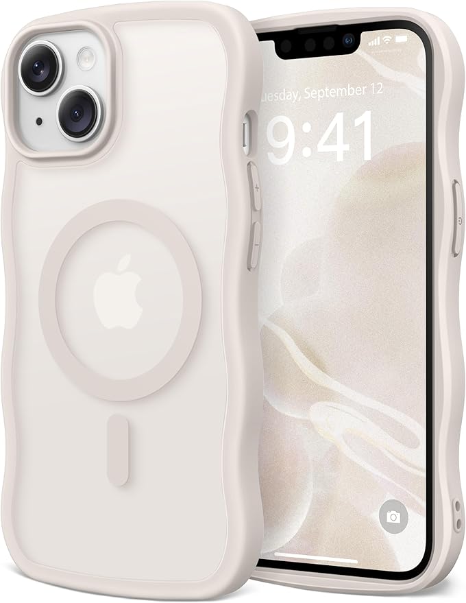 CAPRARO Cute for iPhone 13 Case & iPhone 14 Case, Compatible with MagSafe, [Curly Wave Edge] [Camera Protection] [14 FT Drop Protection] Magnetic for iPhone 13/14 6.1 Inch, Stone