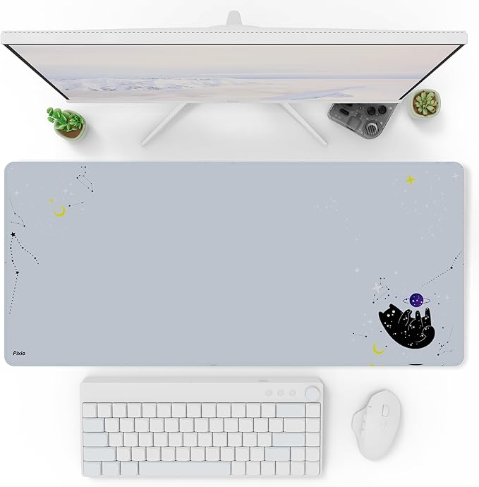 Pixio Mouse Pads - 36 x 16 inch XXL Space Kitty Cat Blue Multifunctional Large Desk Mats for Gaming, Office, Desktop Anti-Slip Waterproof Washable Computer Mouse Mat