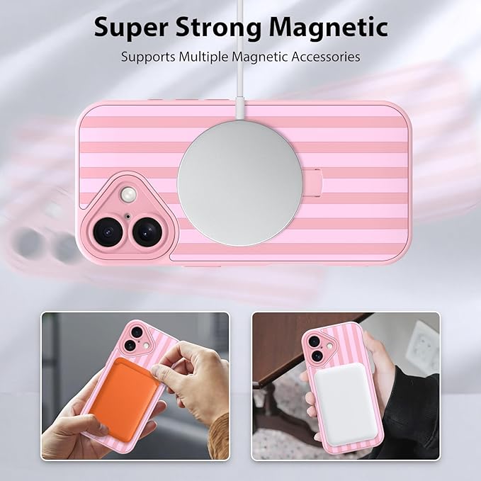 KANGHAR Compatible with iPhone 16 Case, Support for MagSafe, Silicone Stripes Cute Pattern, Wristband Kickstand Camera Protection Soft Slim Cover for Girls Women -Pink
