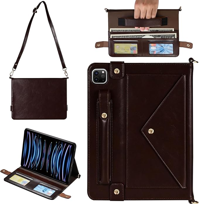 Handbag Case for iPad Air 13" & Pro 12.9" 2018-2022, Techcircle PU Leather Folio Stand iPad Crossbody Wallet Case with Pencil Pocket, Card Slots, Hand Strap+Shoulder Strap, Dark Brown