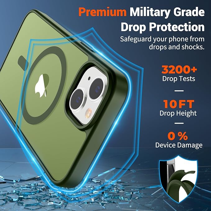 SUPFINE Magnetic for iPhone 15 Case (Compatible with MagSafe) (Military Grade Drop Protection) Slim Translucent Matte Shockproof with Anti-Fingerprint Phone Case, Cangling Green