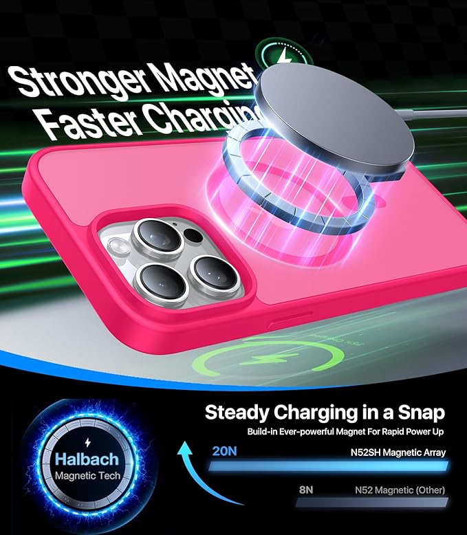 Magnetic for iPhone 15 Pro Max Case, [Compatible with MagSafe][Military-Grade Drop Protection][Anti-Yellowing] Shockproof Translucent Matte Cover for iPhone 15 Pro Max Phone Case,Hot Pink
