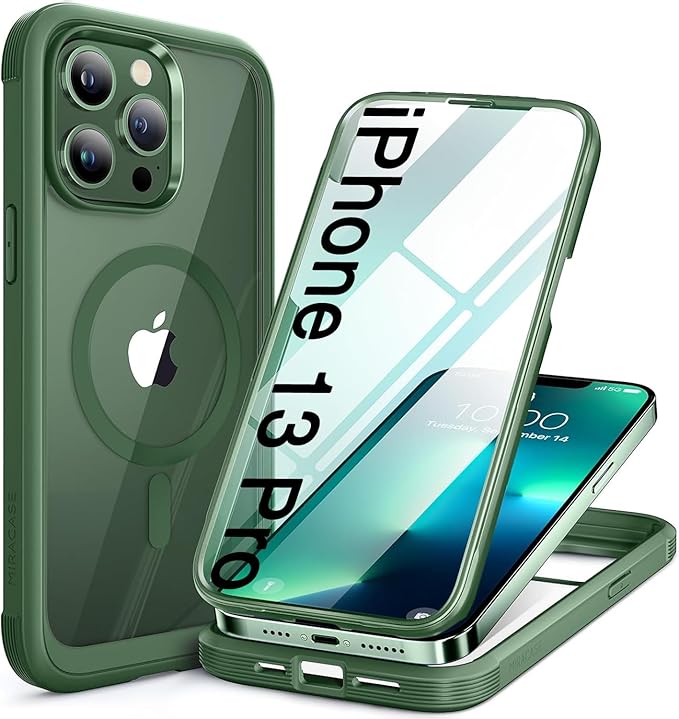 Miracase for iPhone 13 Pro Case 6.1",Full-Body Protection,Clear Bumper Case with Built-in 9H Tempered Glass Screen Protector,Military-Grade Drop Protection Outdoor Phone Case for iPhone 13 Pro,Green