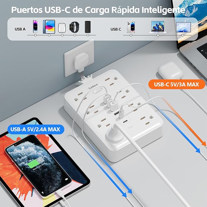Short Extension Cord - Space Saving Design, 14-in-1 Small Power Strip with 8 Outlets & 6 USB (2 USB-C), 900J Surge Protector for Bathroom, Nightstand, Kitchen & Home Office, White