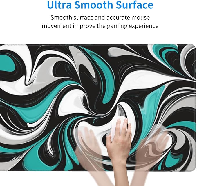 AQQA 31.5 x 15.7 Anti-Slip Rubber Mouse Pad - Abstract Fluid Art Design with Teal & Gray Colors, Ergonomic Gaming Mouse Mat for Gamer, Office & Home