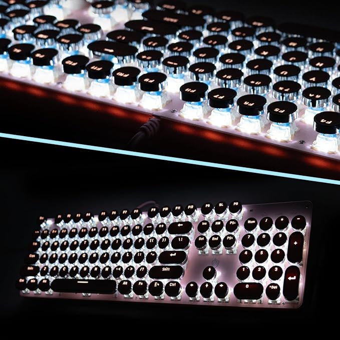 YSCP Typewriter Style Mechanical Gaming Keyboard White Backlit Wired with Blue Switch Retro Round Keycap 104 Keys Keyboard (Pink)