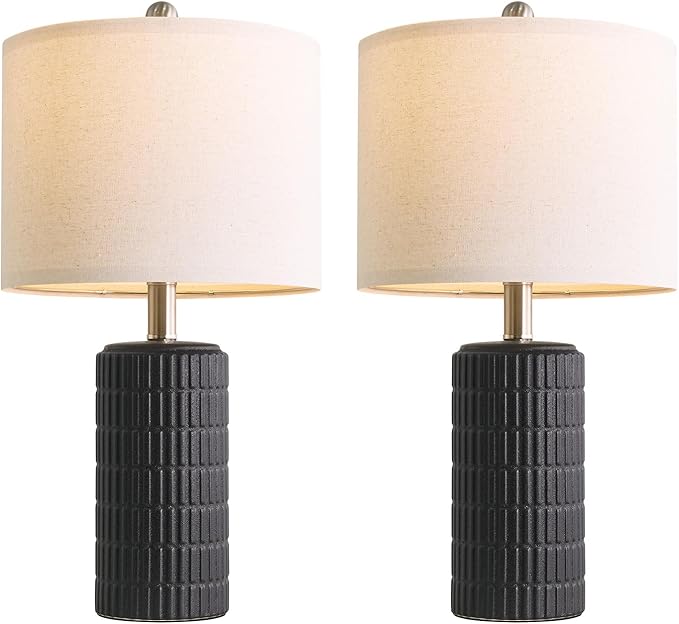PoKat Small Table Lamps Set of 2 for Bedroom, 20.75'' Matte-Textured Farmhouse Ceramic Bedside Lamps for Night Stands, Stone-Like Modern Lamps for Living Room End Table Hallway Entryway Decor Black