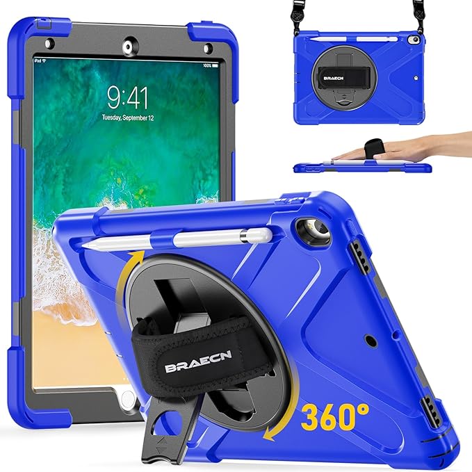 BRAECN Case for iPad Air 3rd Generation 2019 / iPad Pro 10.5 inch 2017, Rugged Heavy Duty Shockproof Cover with Pencil Holder, 360° Rotating Kickstand & Adjustable Hand Strap & Shoulder Strap for Kids