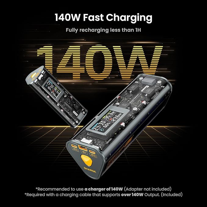 SHARGEEK 170 Power Bank, 140W PD3.1 Portable Charger 24,000mAh/ 86.4Wh High Capacity with Smart Display, 170W Total Output Battery Pack for Laptop MacBook Pro iPhone 17/16/15/ Galaxy S26