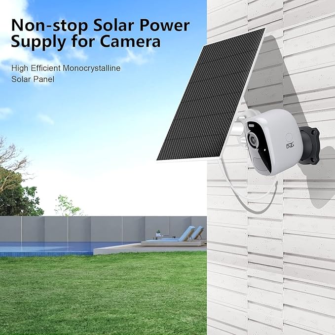 DCT Solar Panel for Security Camera, 5W with Micro USB & Type-C Port, IP65 Waterproof Outdoor DC 5V Rechargeable Battery 360° Adjustable Mounting Bracket, 10ft Cable, Black, 6.6*4.85*1.5IN, S5