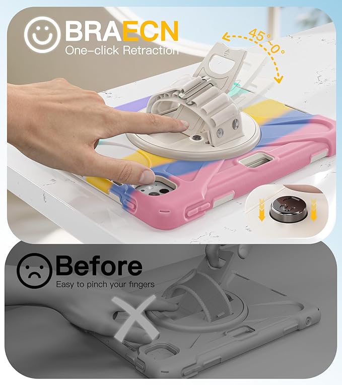 BRAECN Case for iPad Pro 11 inch M5 2025 & M4 2024, 4 Layers Heavy Duty Full-Body Protection Screen Protector Pencil Holder, 360° Rotating Handle Kickstand, Shoulder Strap Kids Friendly
