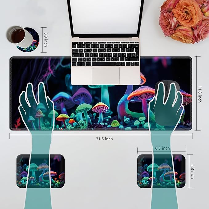 Wrist Elbow Support Arm Rest Desk Mouse Pad Set,Large Mouse Pad + 2 Elbow Rest Pad + Coaster,(31.5×11.8 in) Ergonomic Memory Foam for Office,Gaming,Computer,Laptop-Colorful Mushrooms