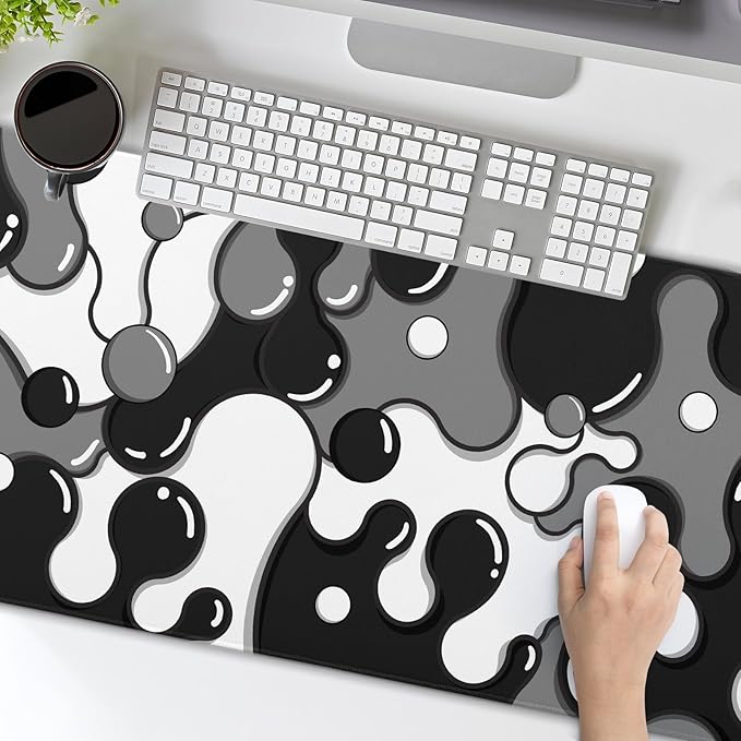 Black White Grey Mouse Pad XXL Anime Cool Geometric Japanese Extended Desk Mat 90X40 CM Non-Slip Rubber Base Stitched Edge Large Mousepad for Gaming Laptop Computer Desktop 35.4×15.7 Inch