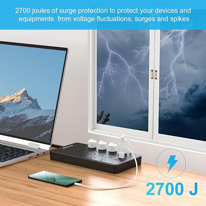 HITRENDS Power Strip with USB C, Surge Protector Power Strip with 22 Outlet & 3 USB A Ports & 2 USB C Port, 1875W/15A Multiplug with Flat Plug, 6 Ft Extension Cord for Home Office