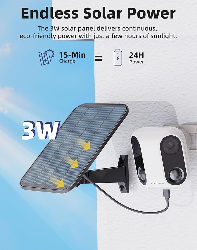 VIRTAVO Solar Security Camera Outdoor Wireless, Dual Lens Camera with Free AI Detection, Color & IR Night Vision, Optional Cloud & Local Storage, No Subscription, IP65, 2.4GHz WiFi