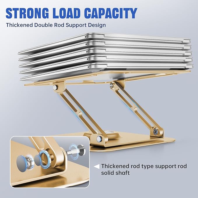 JOYEKY Laptop Stand for Desk, Adjustable Computer Stand with 360° Rotating Base, Ergonomic Laptop Riser for Collaborative Work, Foldable & Portable Laptop Stand, fits for All 10-16" Laptops (Gold)