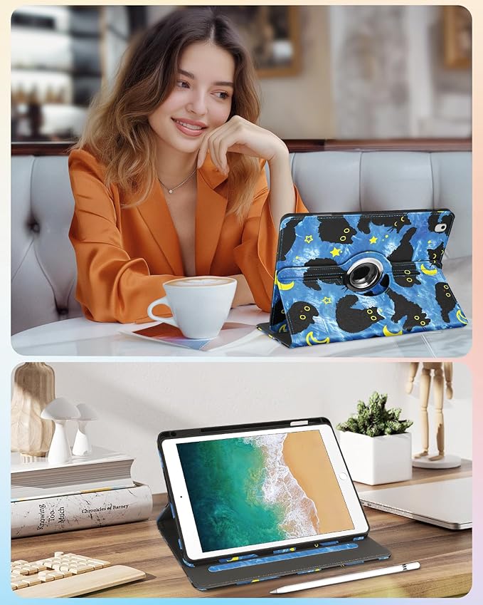Kidcube for iPad 5th Generation Case 2017/Air 1st 2013/Pro 9.7 Inch Case 2016 - Women Girls Kids Cute Rotating Stand Folio Cover with Pencil Holder & Card Slot Girly Cat Stars Blue Teen Design Cover