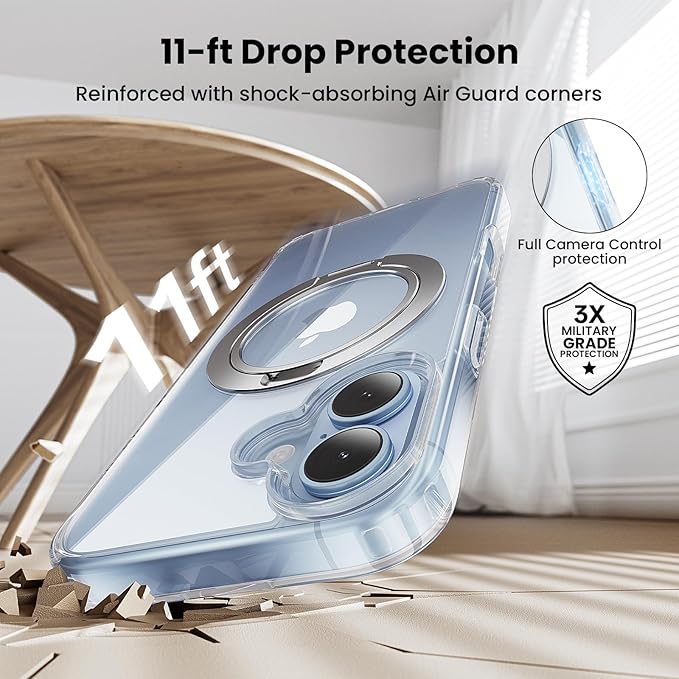 360°Ring Stand for iPhone 17 Case, Compatible with MagSafe,Suitable for Car Mount,Military-Grade Protective,Anti-Yellowing, Scratch-Resistant Back Cover Phone Case for iPhone 17 6.3", Clear Stand
