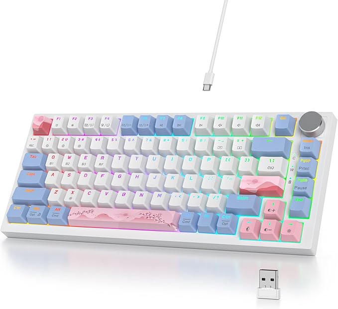 400PRO 75% Wireless Creamy Mechanical Keyboard Pink, Gasket Hot Swappable RGB Gaming Keyboard Bluetooth/2.4GHz/USB-C Cute Key Board with Pre-lubed Cream Grey Switches (82 Pink White)