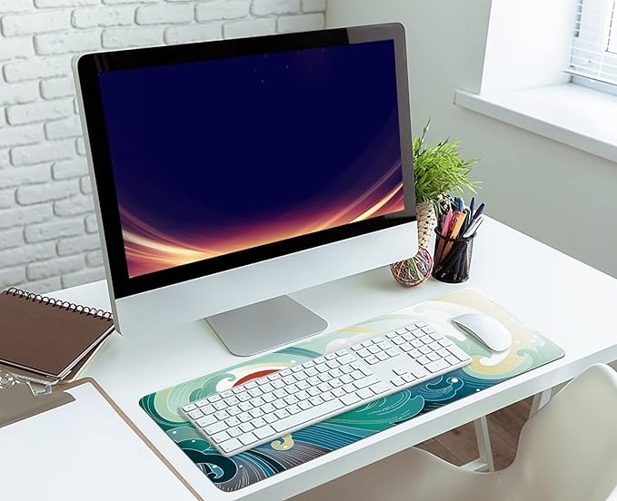 Ocean Wave and Sun Desk Mat,Traditional Japanese Wave Extended Gaming Mouse Pad,Large Non-Slip Rubber Base Mousepad with Stitched Edges,Waterproof Mouse Mat Desk Pad for Office Game Home 35.4x15.75 in