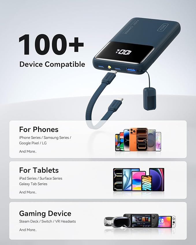 INIU Portable Charger, Compact 45W Fast Charging Power Bank, 10000mAh USB C Battery Pack with Cable & Stand, TSA Travel Phone Charger for iPhone 17 16 15 14 Pro Max, Samsung S26, iPad etc, Blue
