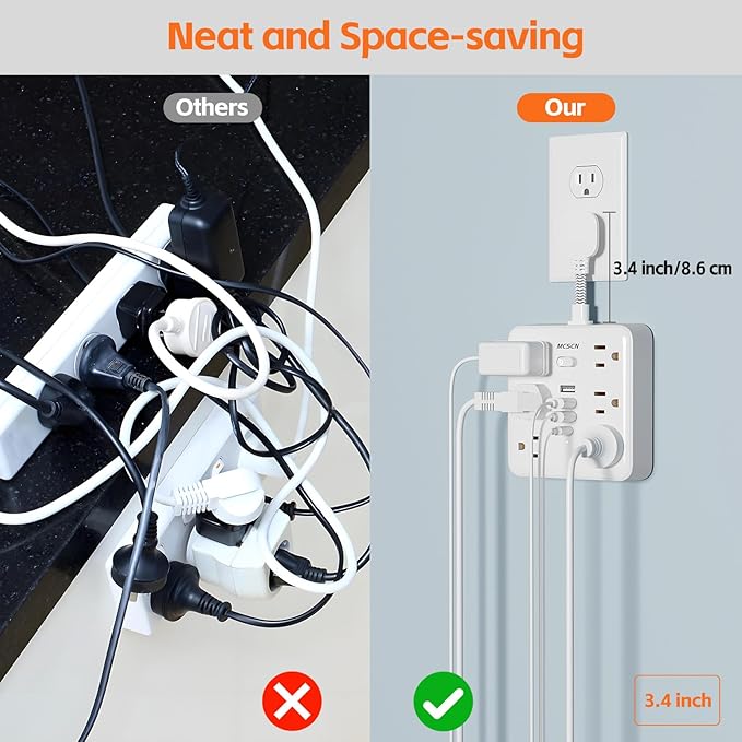 Portable Slim Flat Plug Surge Overload Protector Power Strip Wall Outlet with 6 AC Power Outlets 4 USB(1C) for Home Office Dorm Travel Essentials Fire and Reach 100-125V 15A 1875W UL