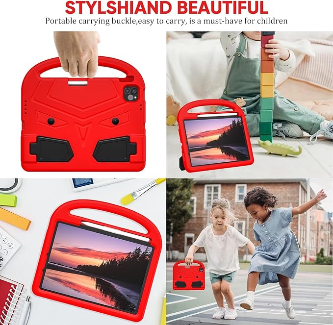 Kids Case for Apple iPad Air 11 inch M3/M2 & iPad Pro 11 inch M5/M4 (2025/2024) with Pencil Holder/Handle/Kickstand Lightweight Soft EVA Foam Shockproof Stand Girls Boys Cover, Red Bird