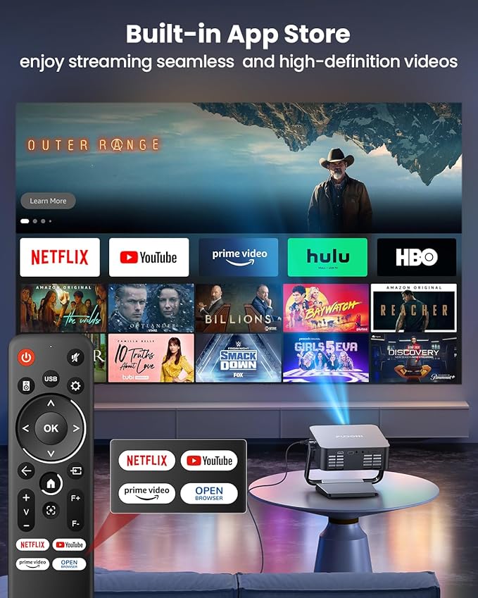 [Built-in Apps/Dolby Audio] FUDONI Smart Projector with WiFi 6 and Bluetooth, 1080P Full HD Projector with Netflix/ Prime Video/Youtube, Zoom Correction, Movie Proyector for Home & Outdoor