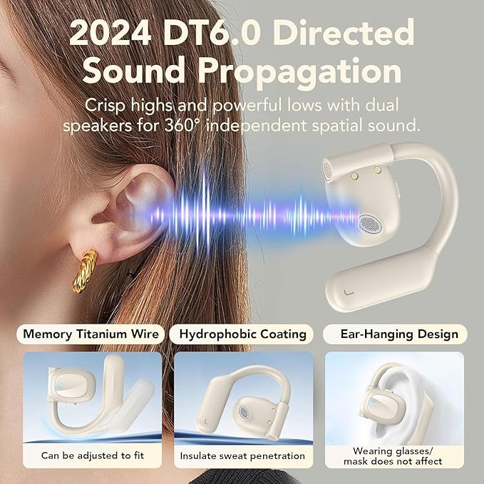 Open Ear Bluetooth 5.3 Headphones, Wireless Earbuds Sport Over Earphones Built-in Mic with Earhooks 75H Playtime Ear Buds LED Display Charging Case, IPX5 Waterproof for Running Fitness,Pearl White