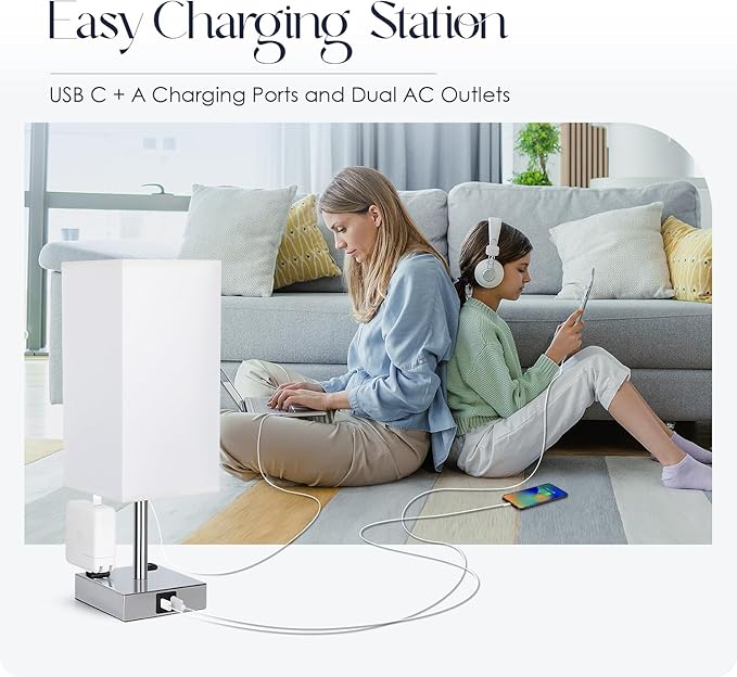 Set of 2 Bedside Table Lamp 3 Way Dimmable Nightstand Lamp with USB C & USB A Charging Port, 2 AC Outlets, 3000K LED Bulbs (White)