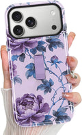 KANGHAR Compatible with iPhone 17 Pro Max Case, Support for MagSafe, Silicone Flower Floral Cute Pattern, Wristband Kickstand Camera Protection Soft Slim Phone Case for Girls Women -Purple