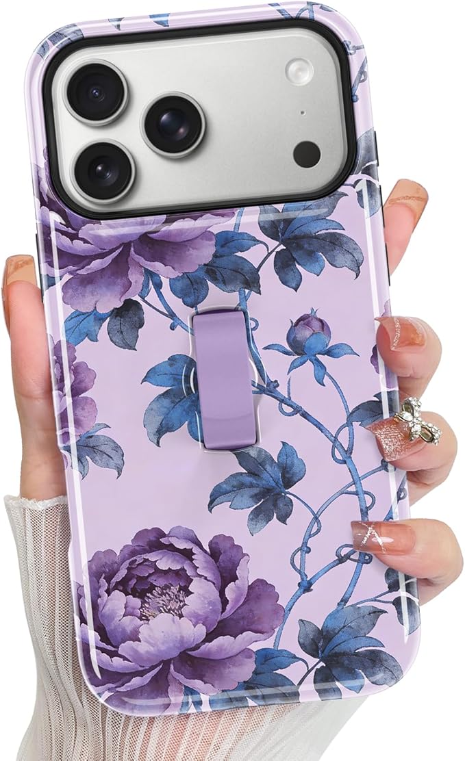 KANGHAR Compatible with iPhone 17 Pro Max Case, Support for MagSafe, Silicone Flower Floral Cute Pattern, Wristband Kickstand Camera Protection Soft Slim Phone Case for Girls Women -Purple