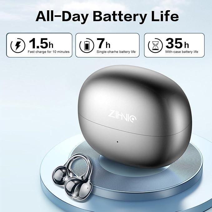 ZIHNIC S26 Wireless Clip on Earbuds, Open Ear Wireless Bluetooth 5.4 Headphones with Mic, IPX5 Waterproof, 35Hr Play time, Light Weight -Black