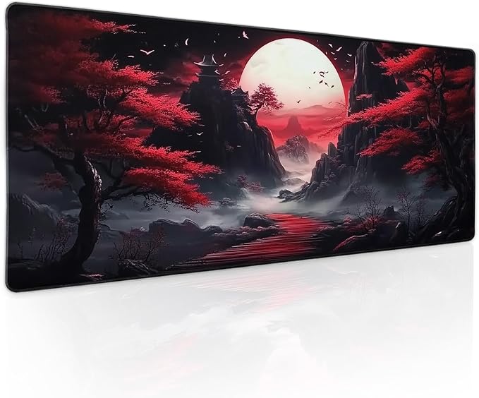 Black Red Japanese Mouse Pad XL Moon Sakura Cherry BLoosm Tree Extended Table Mat 80X30 cm Non-Slip Rubber Base Stitched Edge Large XL Mousepad for Desk Gaming Laptop Desk Top,31.5×11.8 Inch