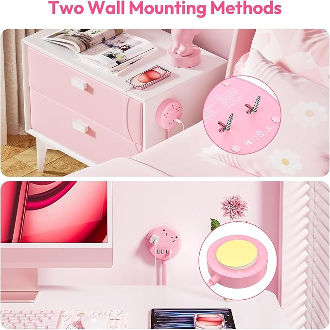 Pink 2 Prong Power Strip with USB-C, NTONPOWER 1875W/15A 2 Prong to 3 Prong Outlet Adapter, Rotating Plug,Pink Extension Cord 5 FT,3 Outlets 4 USB Port, Ideal for Old House, Vanity Desk, Office,Travel