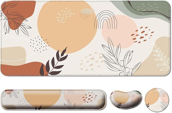 Keyboard Wrist Rest + Mouse Pad with Wrist Support + Desk Mat + Coaster 4 in 1 Set, XXL Large Gaming Mousepad Cute Ergonomic Mouse Pads for Desk Computer Laptop Office Decor-Boho Leaves