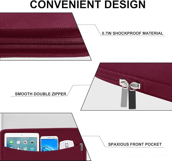 Laptop Sleeve 14 inch, Shockproof Protective Laptop Cover Briefcase Carrying Computer Bag with Accessory Pocket Portable Computer Sleeve for 14" MacBook, HP, Dell, Lenovo, Acer, Wine Red