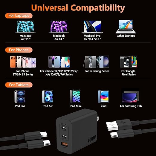 100W USB C Charger for Samsung S26 S25 Ultra, 3-Port GaN Fast Wall Charger with 2 Cables (C-C & A-C), Travel Essentials PD Adapter for MacBook Pro,for iPhone 17 16 15/iPad, Laptop - Black