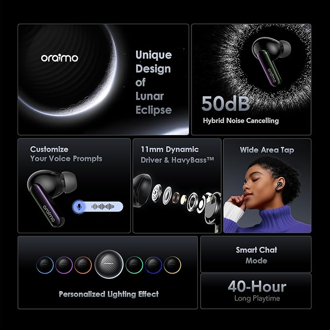 Oraimo SpaceBuds ANC Wireless Earbuds, 50dB Noise Cancelling Bluetooth Earbuds, 4-Mic Clear Calls in Ear Headphones, Heavy Bass, Personalized Light Effects, Slide Design, App Control, 40H Play