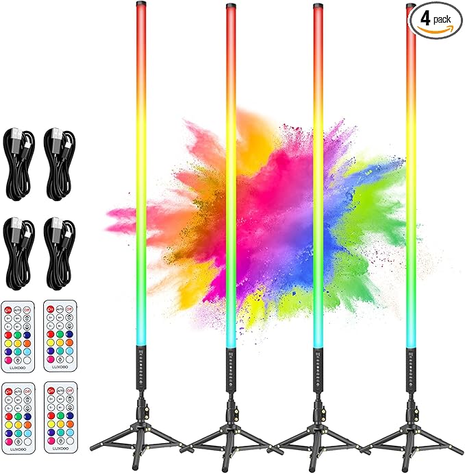 4 Pack 4ft Portable Battery Powered Tube Light 120cm Handheld LED RGB Lights Tube with Tripods, 500 Vivid Effects for Video and Photography,Light Painting,YouTube,Video and Dance Club
