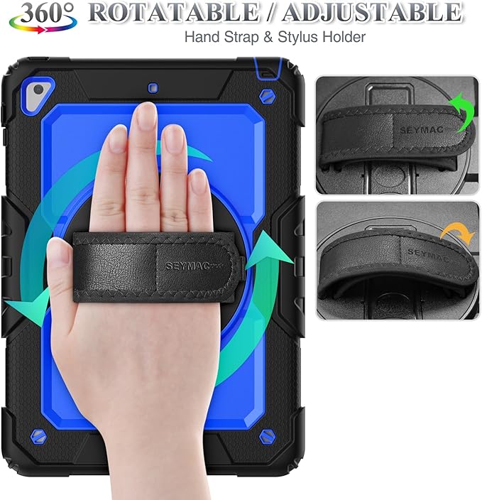 SEYMAC stock Case for iPad 6th / 5th Generation Case/Air 2 / Pro 9.7 inch, Heavy Duty Protective with Screen Protector, with Pencil Holder, Hand Strap, Shoulder Strap, 360 Rotate Stand, Blue+Black