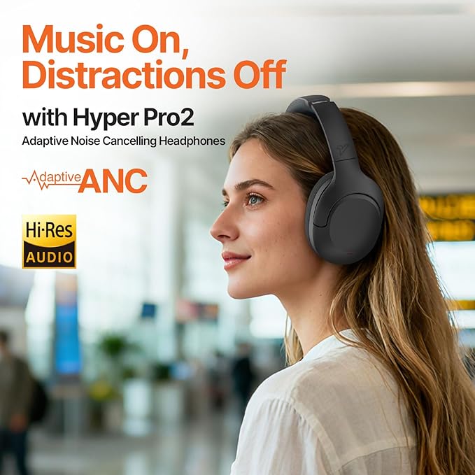 VOKALEN Hyper Pro 2 Bluetooth Headphones Over Ear, Hi-Res Audio, Adaptive Noise Cancelling, 60H Playtime, DEEP360 Spatial Sound, Comfort Mesh Ear Cushions, Deep Bass, Custom EQ (Pro 2, Black)