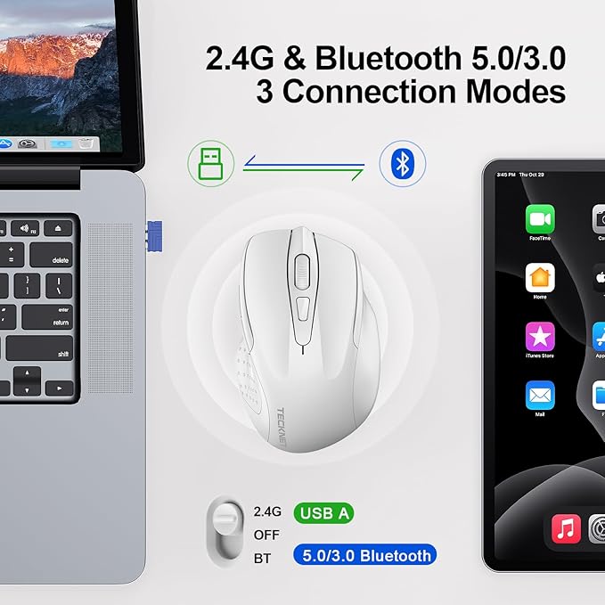 TECKNET Wireless Mouse (2.4G & BT5.0/3.0) Silent 4800 DPI Computer USB A & Bluetooth Mouse 6 Buttons, Wide Compatibility - White