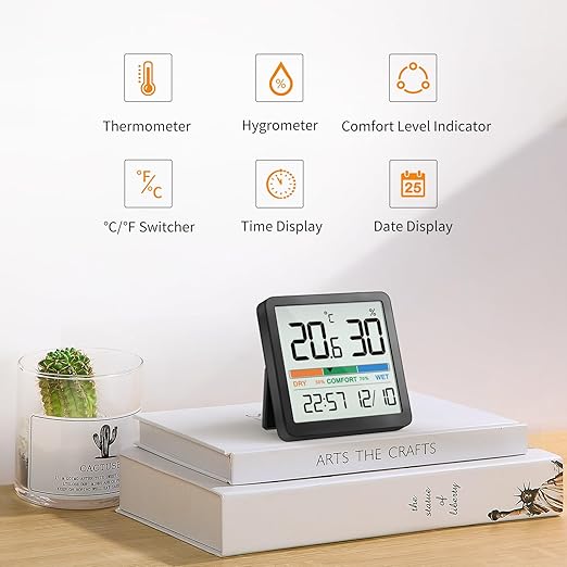 NOKLEAD Indoor Thermometer Hygrometer, Mini Desktop Digital Temperature and Humidity Monitor with Comfort Indicator and Clock, Accurate Room Humidity Gauge for Home, Garage, Greenhouse, Wine Cellar