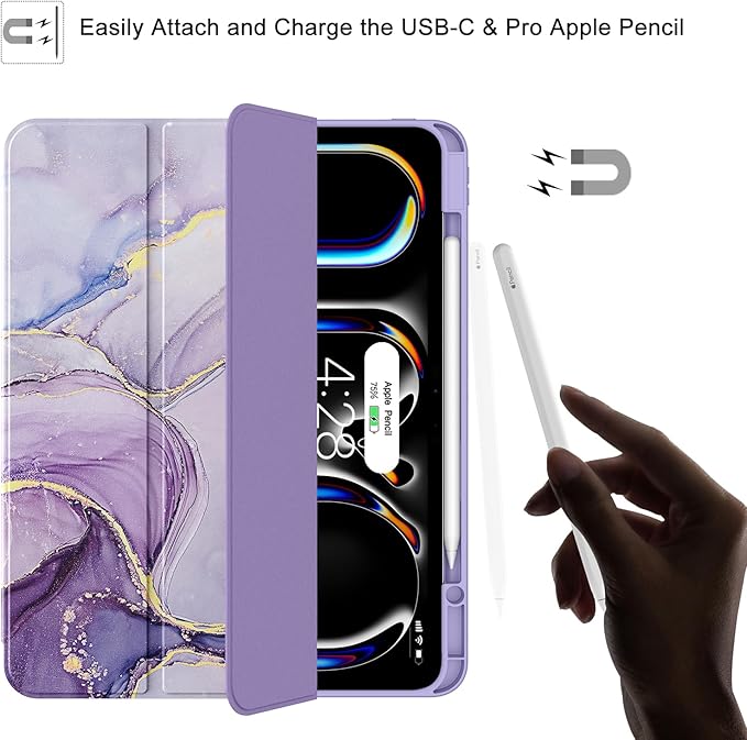 Soke Case for New iPad Pro 13 Inch (M5/M4, 2025/2024 Release), with Pencil Holder Trifold Stand Shockproof [Support Apple Pencil Charging + Auto Wake/Sleep], Soft TPU Back Cover, Lilac Marble