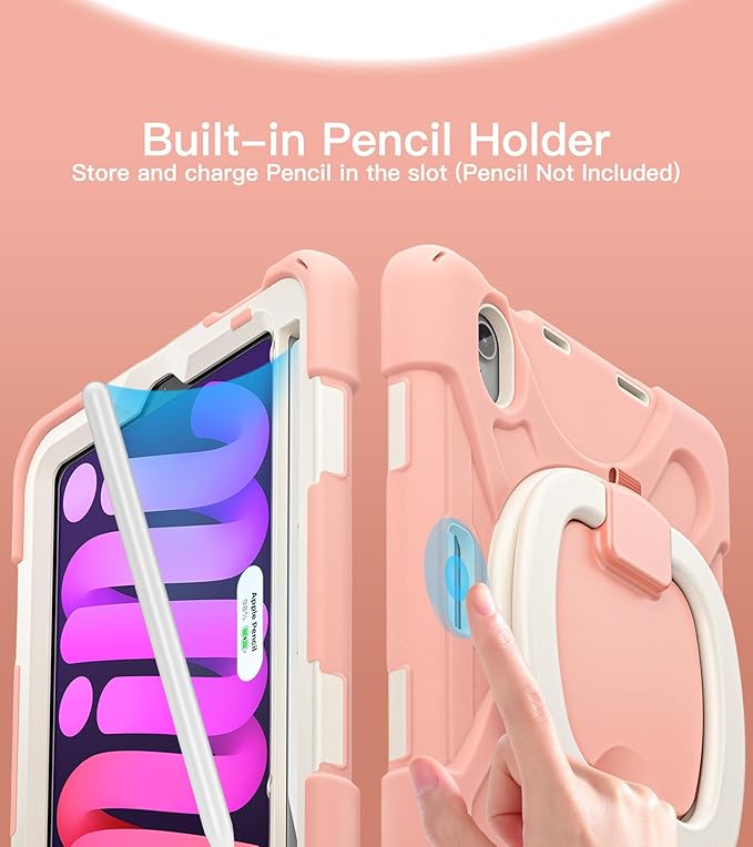 BATYUE Case for iPad mini 7 A17 Pro 2024/iPad Mini 6 2021 8.3 Inch with Pencil Holder, 360 Rotating Stand, Shoulder Strap, Handle Grip, Shockproof Rugged Case for iPad mini 7th/6th Gen, Rosegold